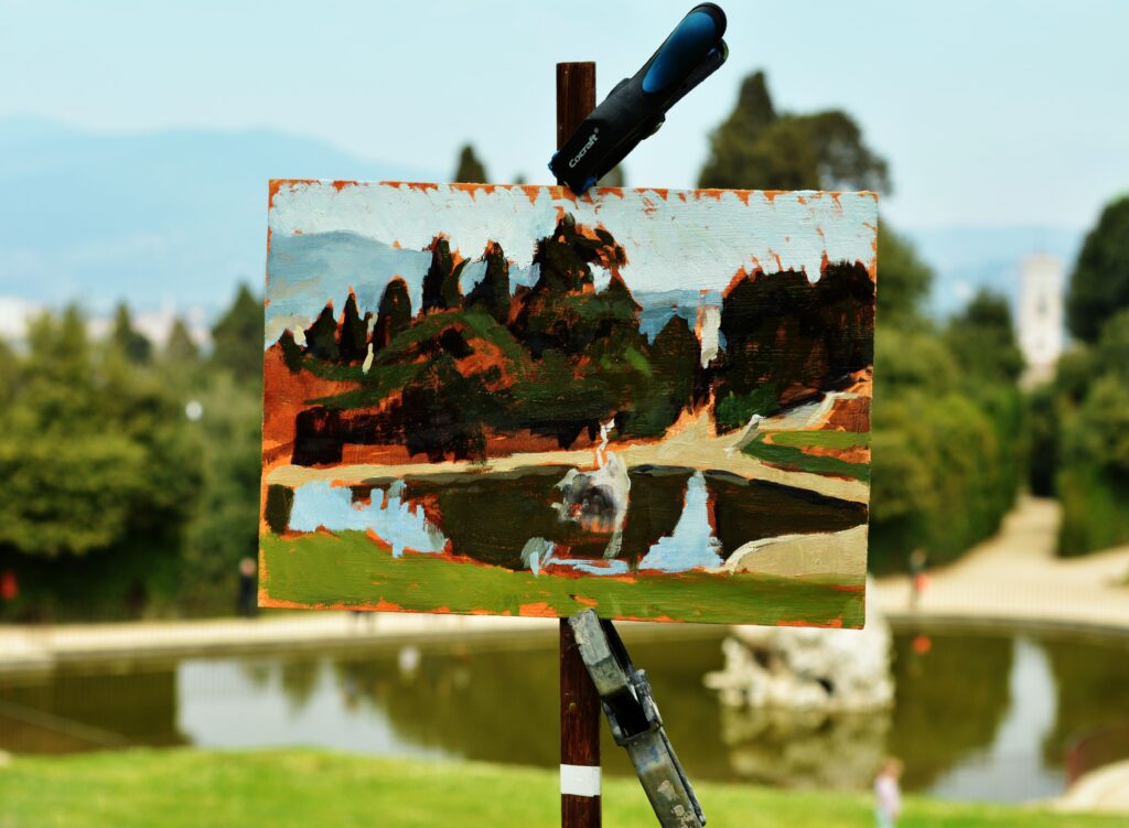 An outdoor painting capturing the scenic beauty of Boboli Gardens in Florence, Italy.
